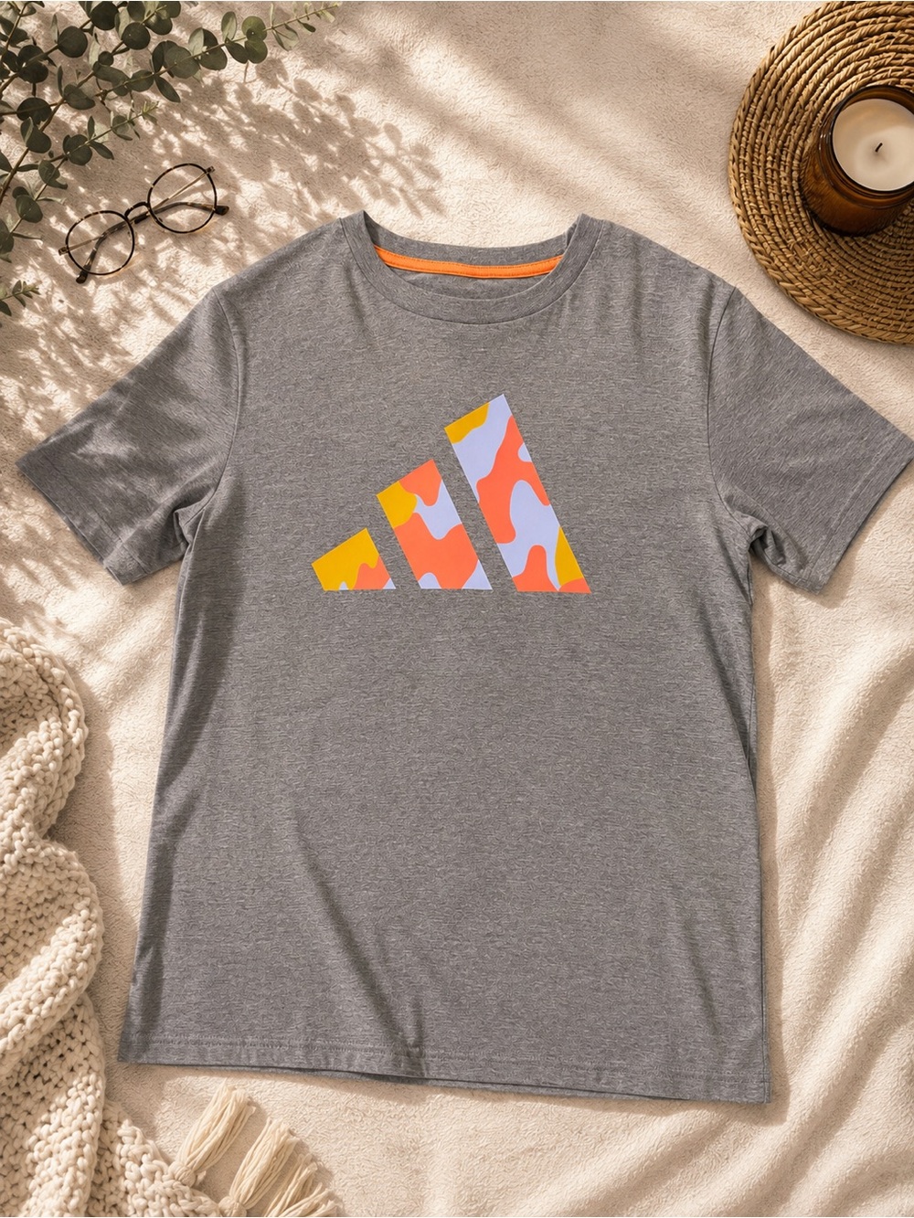 Adidas Gray Graphic Tee with Color-Block Logo - Boys Shirt